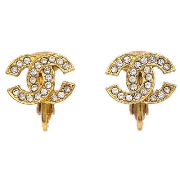 Chanel Gold CC Earrings Clip-On Rhinestone 2092 194989 - Picture 1 of 4
